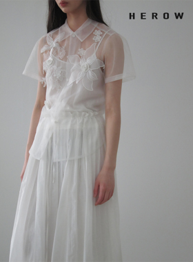 HEROW  原创设计小众手工立体花朵透视网纱开襟短袖衬衣罩衫