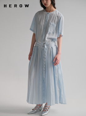 HEROW  夏原创圆领大牌设计baby蓝双腰带松弛感气质衬衫连衣裙