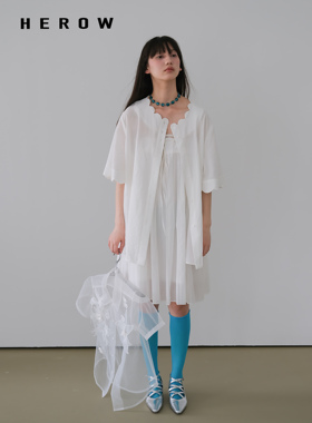 Herowrows 夏白色花瓣领设计前后两穿简约直身大廓形小众短袖衬衣