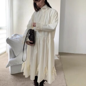 HEROW 24AW新品水洗纯棉长袖连衣裙 荷叶袖 立体定位蝴蝶结大摆裙