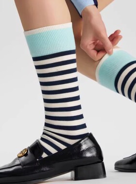 【水蓝】DEARFISH 2025春设计款中筒女袜条纹棉袜长袜cherry同款