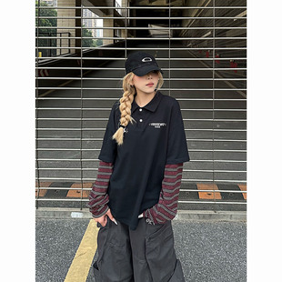 NNK 美式复古假两件POLO衫做旧字母印花T恤男女宽松休闲拼接长袖