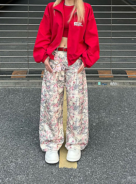 NNK 美式复古解构设计感压褶花朵满印牛仔裤男女慵懒宽松阔腿长裤