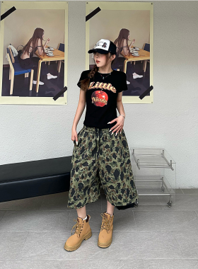 NNK 美式复古松紧腰迷彩阔腿七分裤男女夏季宽松百搭直筒短裤潮