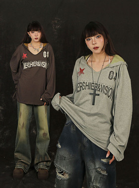 NNK 美式胸前字母印花连帽长袖T恤男女宽松休闲百搭防晒运动薄衫