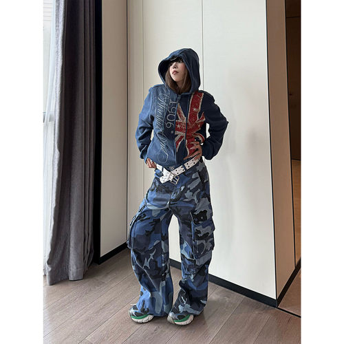 多口袋蓝色迷彩工装裤女阔腿长裤