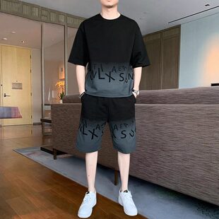 潮男百搭新款套装夏季薄款冰丝帅气衣服短袖T恤短裤运动休闲男装