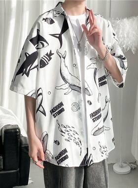 夏威夷cec超火情侣短袖沙滩花衬衫男宽松ins港风日系复古着外套潮