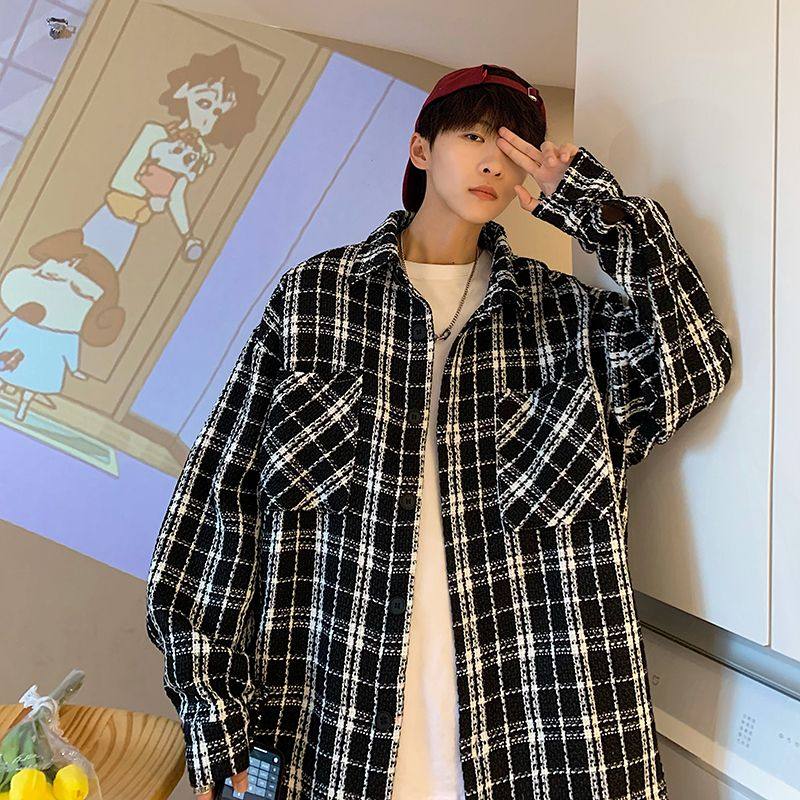 秋季新款拼色格子衬衣外套男潮流宽松休闲百搭长袖衬衫夹克上衣潮,男装,夹克,淘宝优惠券,粉丝福利购,淘宝优惠卷