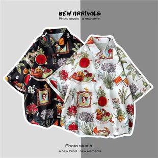 港风复古bkpp同款扶桑花红色衬衫男短袖情侣夏威夷沙滩痞气花衬衣