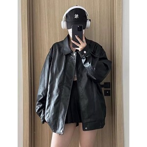 美拉德翻领复古春秋休闲时尚情侣高品质机车服飞行皮衣宽松百搭男