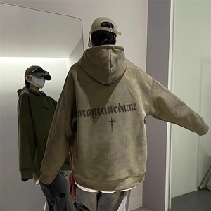 秋季重磅厚实宽松连帽仿麂皮绒套头美式复古潮牌外套男女情侣卫衣