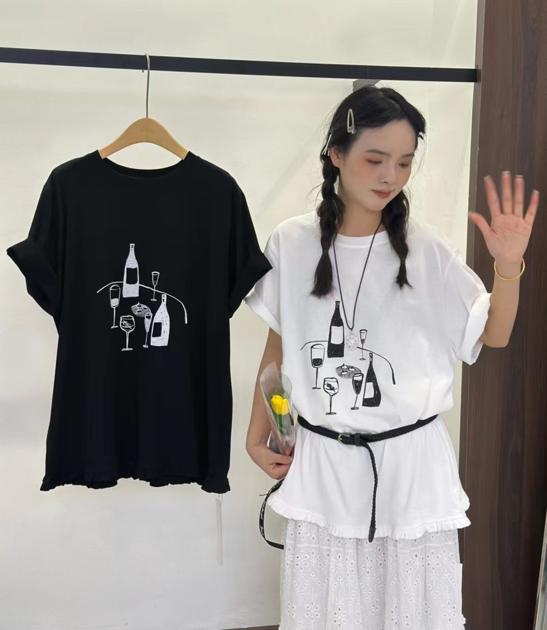 慕茄552158新款2025夏季女士短袖T恤宽松休闲花边底百搭上衣