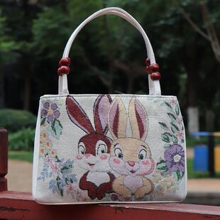 云南民族风卡通帆布包女双层木珠拉链手提包休闲百搭刺绣小包