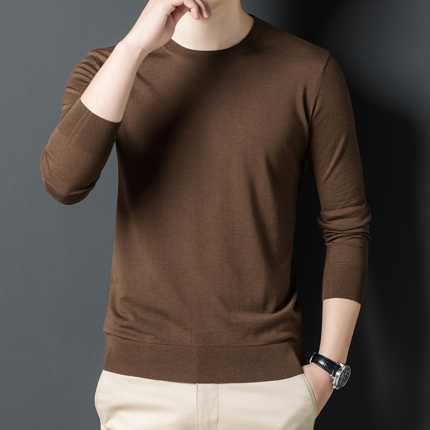 100支精纺美丽诺纯羊毛衫男圆领长袖秋冬软糯贴身不扎打底针织毛T