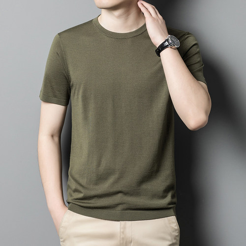 高支精纺纯羊毛衫男超细澳洲美丽诺羊毛贴身透气短袖打底衫T恤男