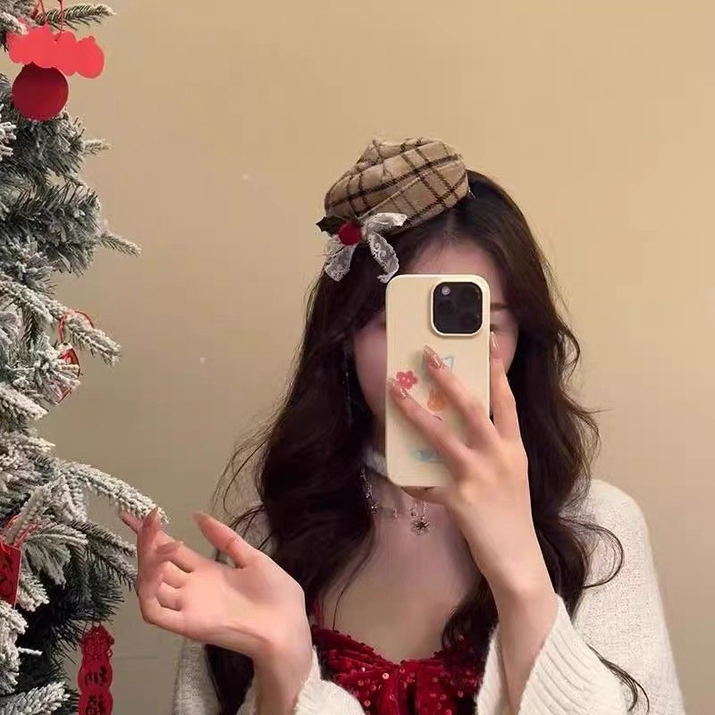 英伦风复古圣诞格纹礼帽发夹女蝴蝶结蕾丝飘带边夹刘海夹装饰头饰