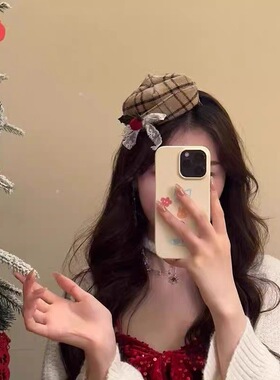 英伦风复古圣诞格纹礼帽发夹女蝴蝶结蕾丝飘带边夹刘海夹装饰头饰
