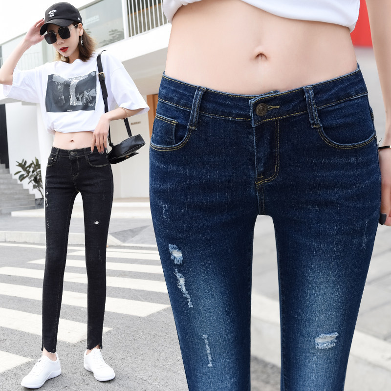 低腰女装破洞牛仔小个子九分裤图片
