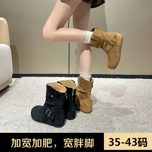 加肥加宽大码女鞋复古褶皱轻便百搭博肯靴堆堆皮带扣短靴JS56708
