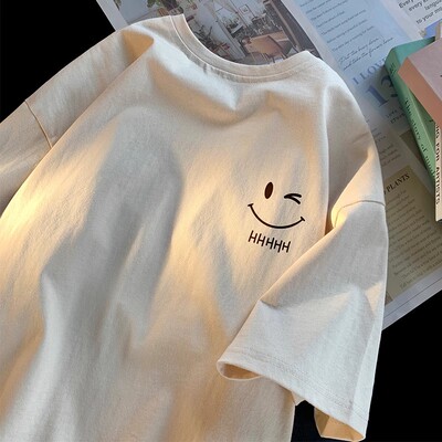 夏季纯棉笑脸短袖t恤款潮牌2024新款士宽松白色印花半袖衣服