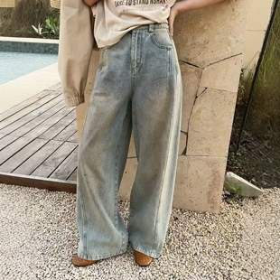 .COM水洗做旧磨白钉钻阔腿宽松显瘦牛仔裤 女 新款 欧洲站2026春季