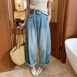 腰带复古做旧亮片弯刀牛仔裤 欧洲站2026春季 .COM美式 女6695 新款