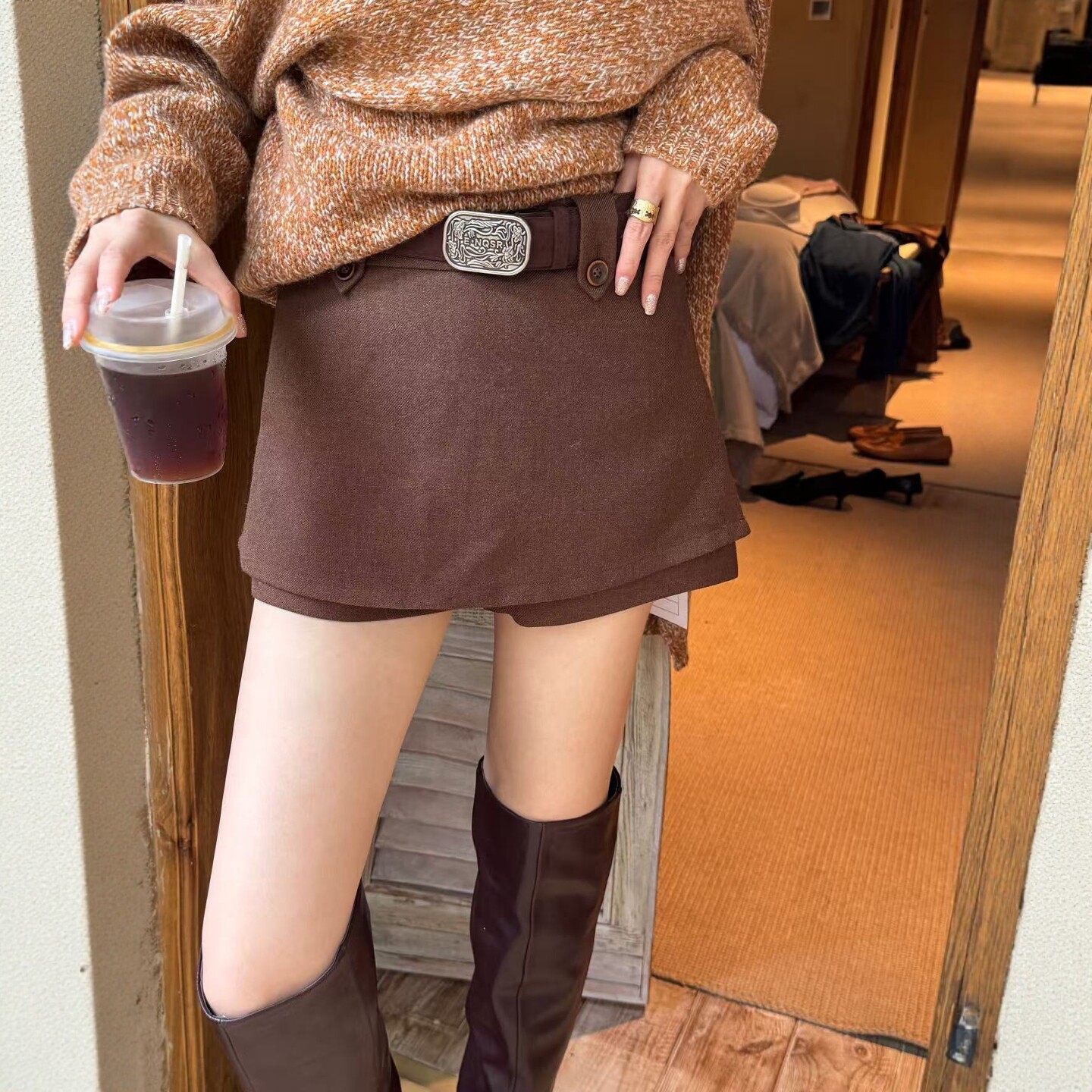 V+.COM配腰带显高显瘦裙裤女