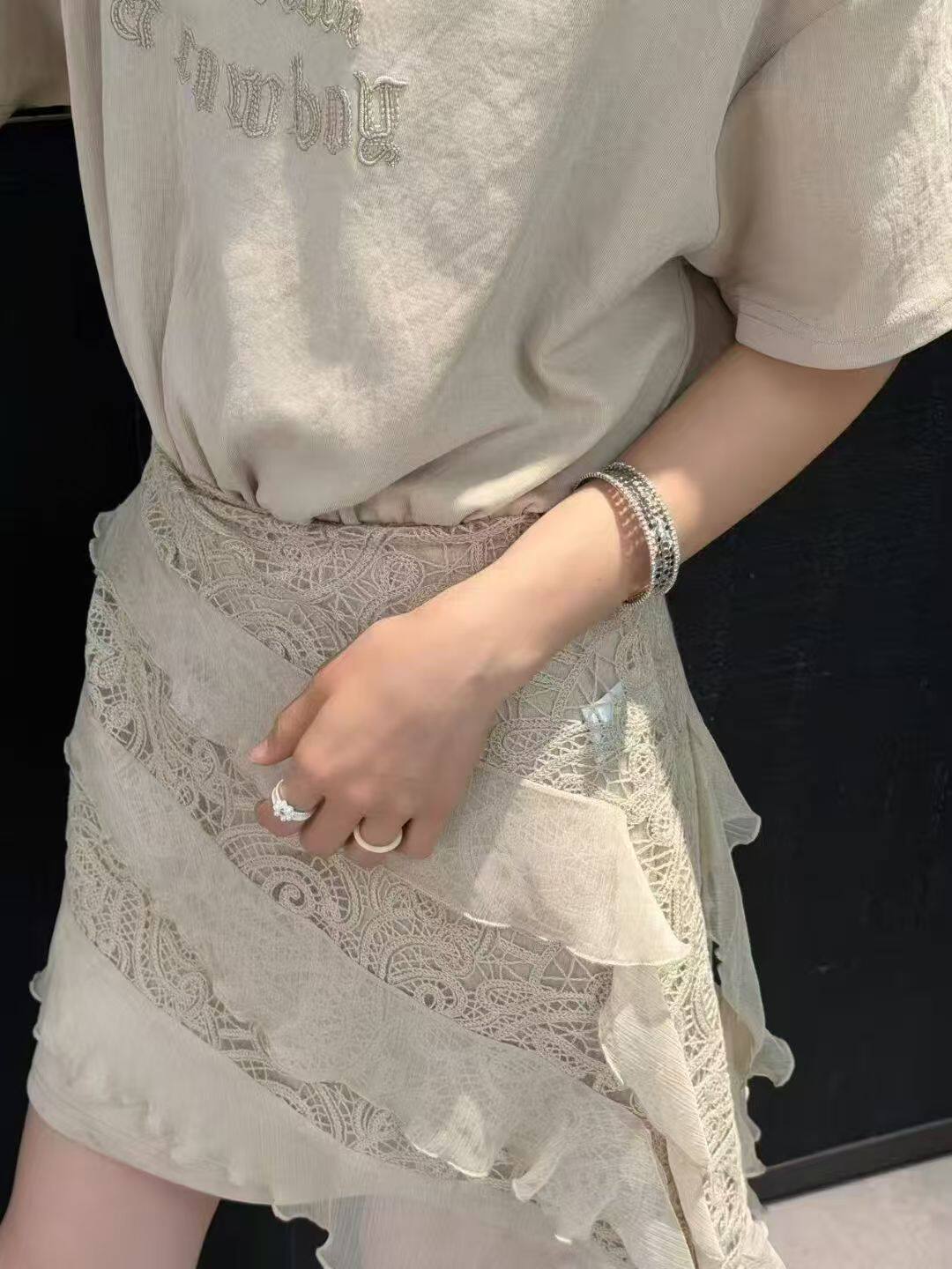 欧洲站2026夏季新款Z.C刺绣字母T恤裙拼接蕾丝下摆半身裙两件套女