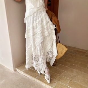 半身裙 .COM松紧腰蕾丝钩花百褶不规则中长款 欧洲站2026春夏新款