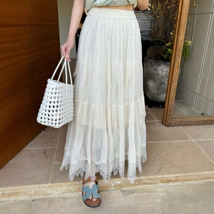 网纱半身裙69125 .COM松紧腰拼蕾丝百搭长款 欧洲站2026春夏新款