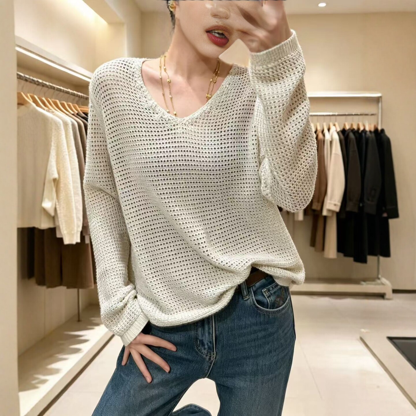 秋季慵懒镂空亮片宽松毛衣女