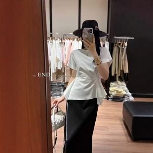 欧洲站2026夏季新款V+.COM设计师款小众褶皱显瘦系带短袖T恤上衣