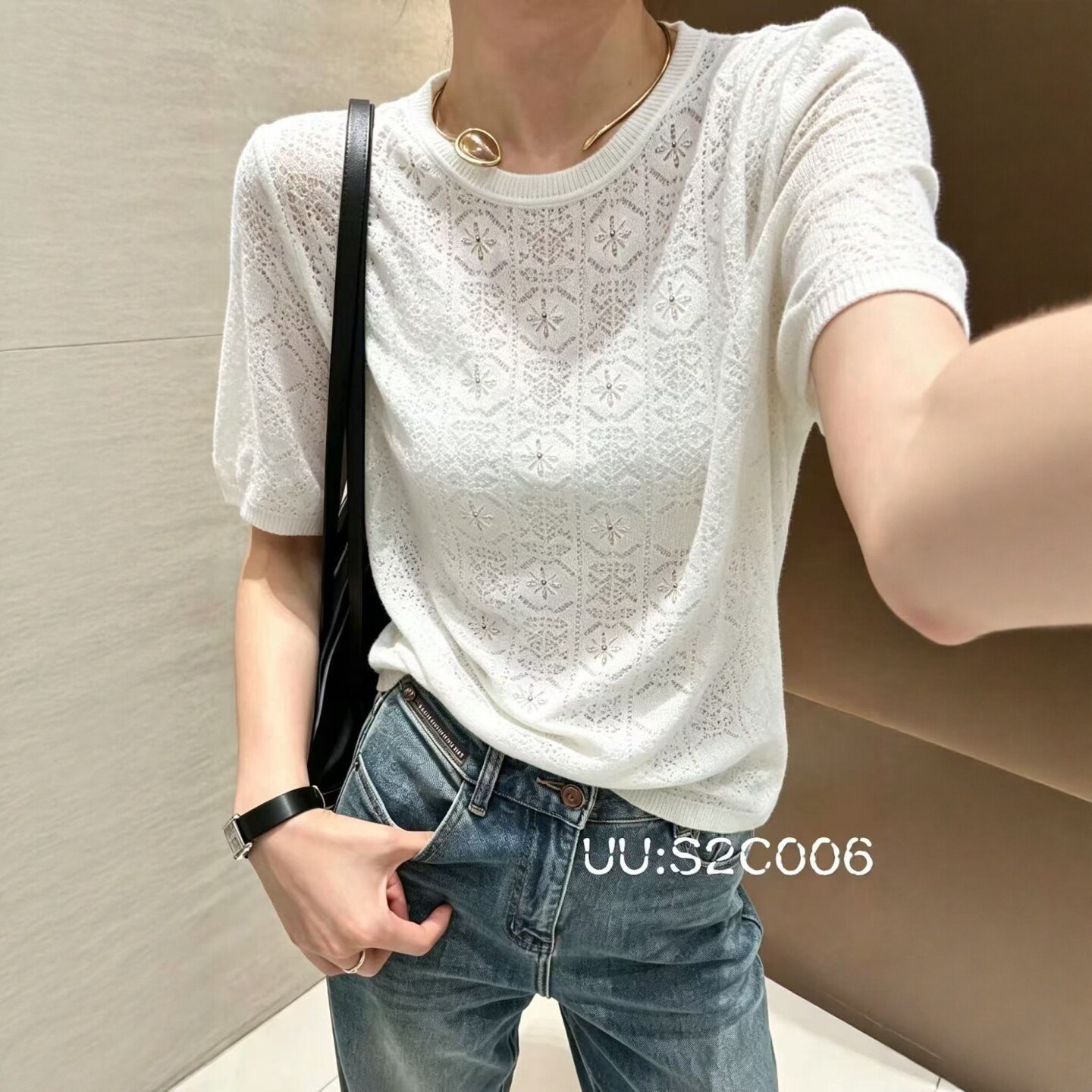 淑女风满天星钻镂空网纱短袖T恤
