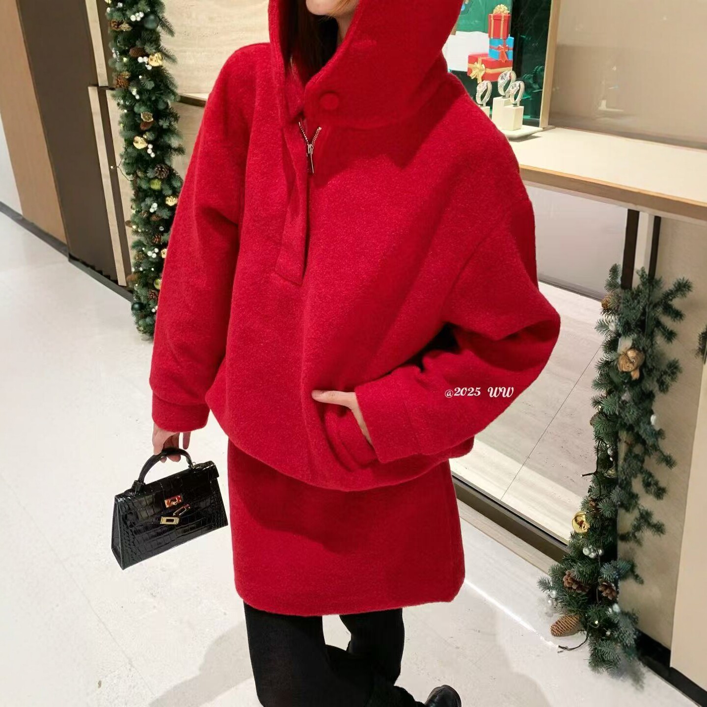 V+.COM连帽加厚毛呢保暖套装女