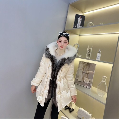 街头记忆面料中长连帽拼色羽绒服