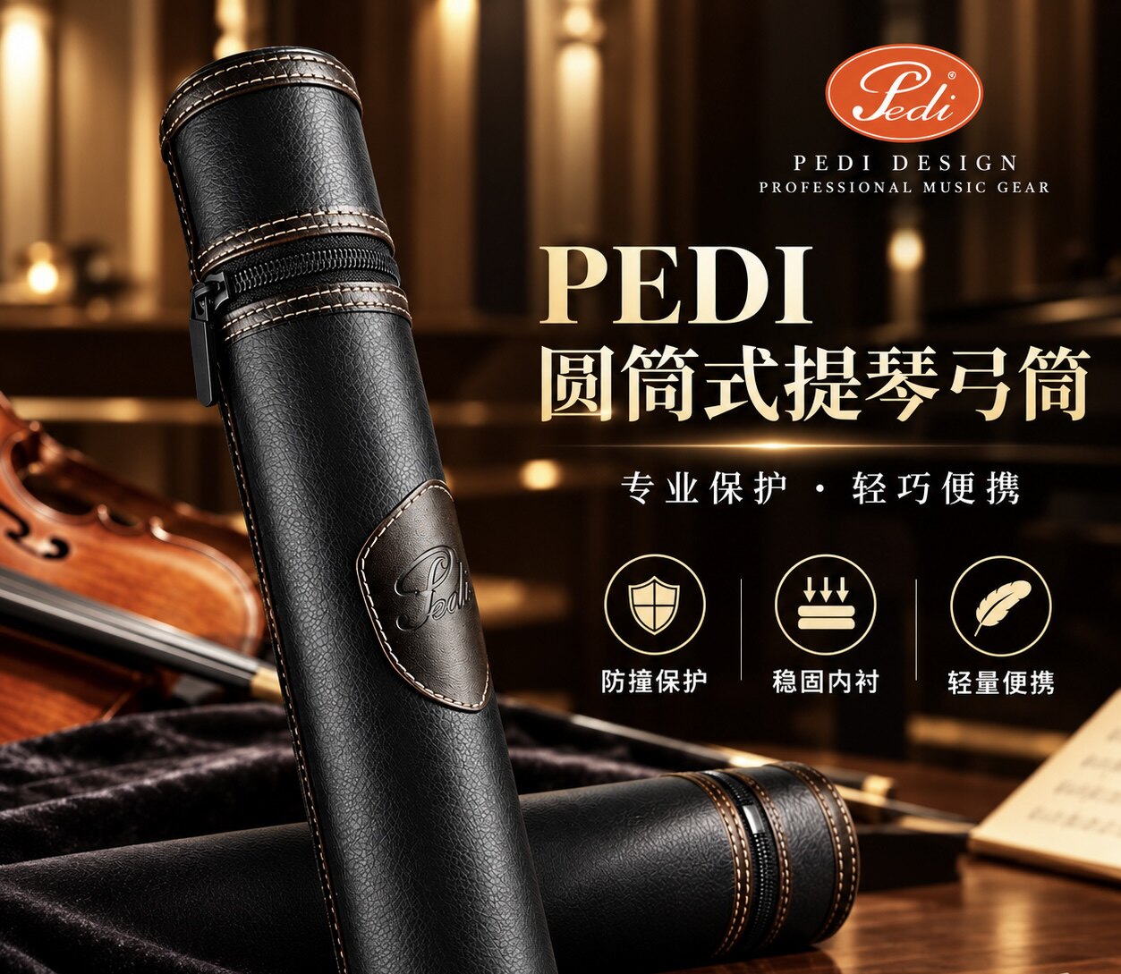 台湾佩迪 PEDI  圆筒式 2只装小中大提琴弓筒弓盒黑色