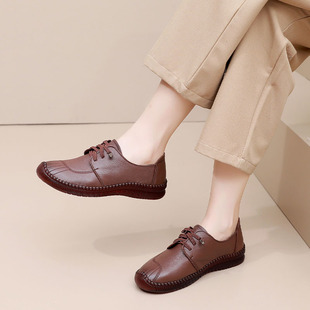 2023春秋登云女鞋软皮软底真皮妈妈鞋平底休闲单鞋头层牛皮乐福鞋