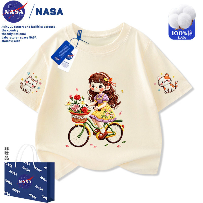 NASA单车女孩卡通仿刺绣印花女童短袖t恤夏季儿童纯棉百搭半袖衫
