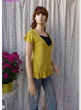 夏季休闲棉麻甜美日系深V领钮扣短袖T恤荷叶边黄色上衣外贸原单