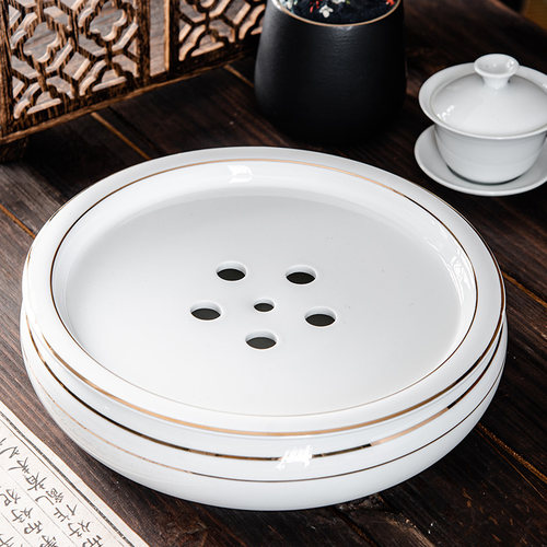 潮汕功夫茶盘陶瓷描金圆形家用储水式双层茶盘新中式禅意功夫茶具