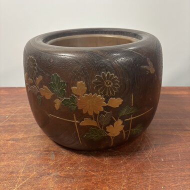 日本桐木铜胆金时绘嵌螺钿火钵，外径27厘米高19.5，木内径18.5