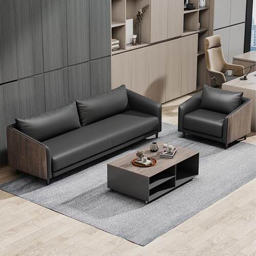 办公家具老板经理办公室沙发茶几组合木纹皮设计商务接待办公沙发
