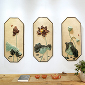 中国现代餐厅沙发背景墙三联画框装 饰画墙面装 饰立体浮雕彩绘荷花