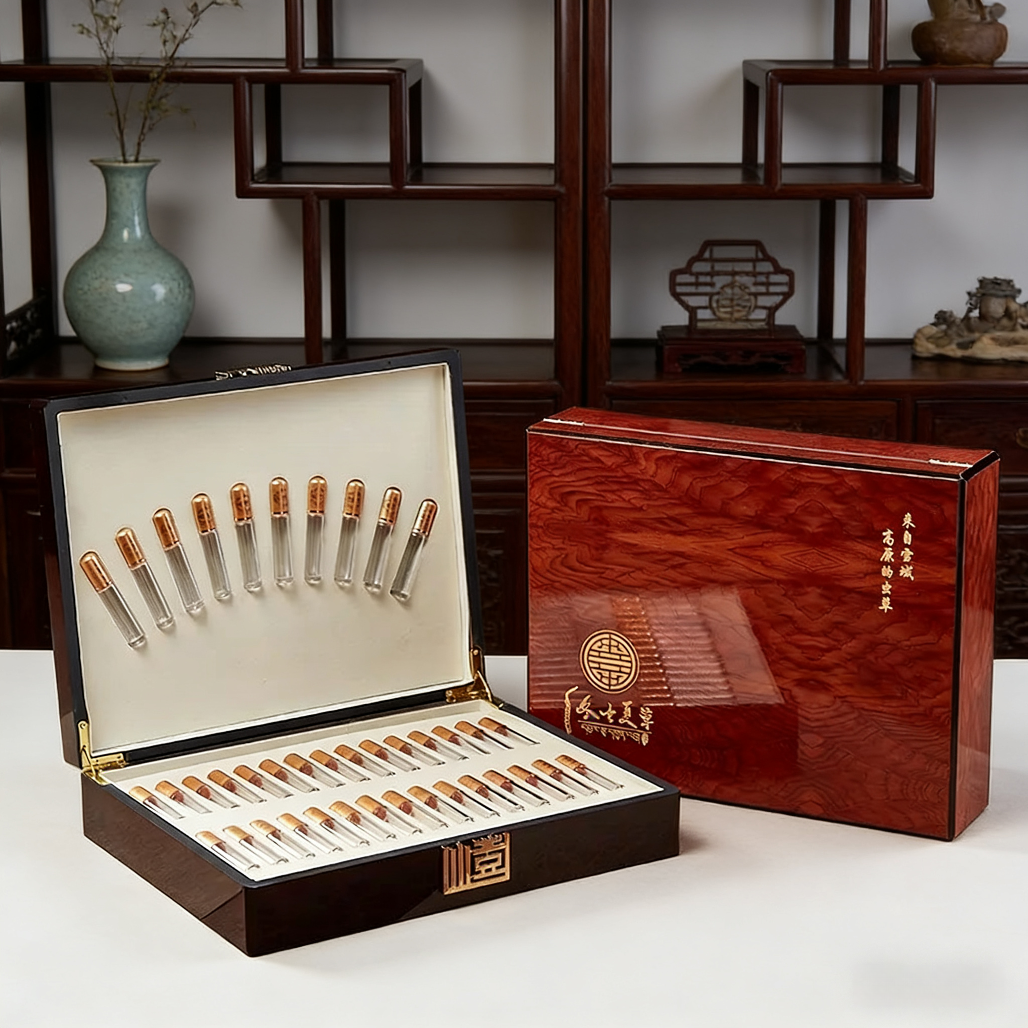 烤漆木盒冬虫夏草礼盒空盒高档礼盒虫草礼盒包装空盒虫草礼盒20根