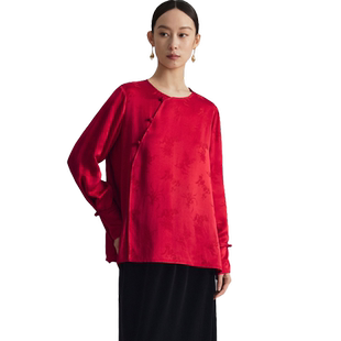 醋酸缎面提花衬衫』naivee纳薇秋新中式喜宴宽松红色长袖上衣女