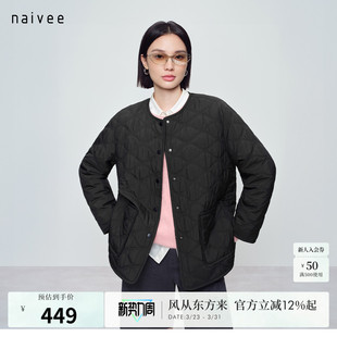 轻暖圆领棉服日常百搭黑色 naivee春新款 葫芦形绗缝棉服