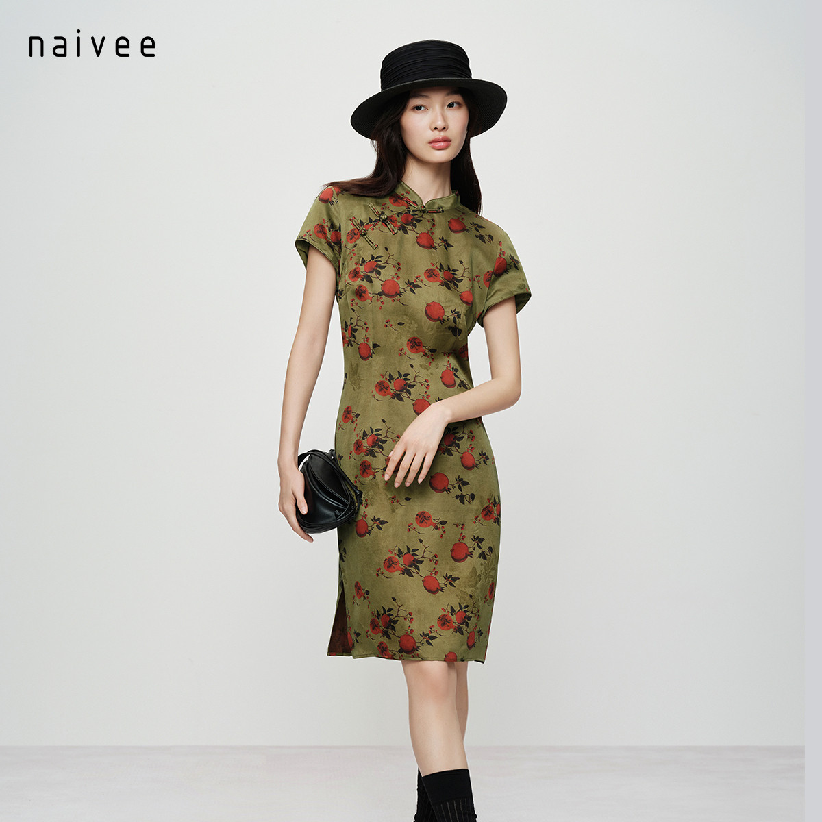 【非遗香云纱 榴月春和】naivee26夏新款新中式真丝旗袍连衣