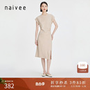 飞袖 naivee纳薇春季 高级设计感时尚 连衣裙女 新品 腰部皱褶知性修身