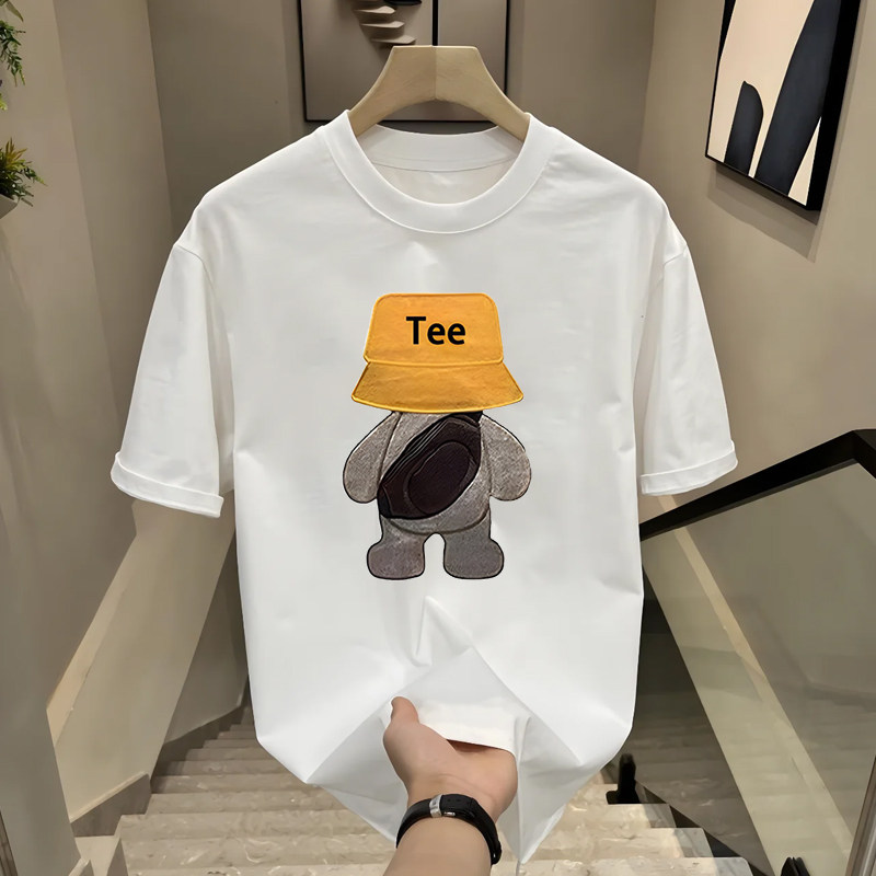 HEAVYWEIGHT COTTON TRENDY BRAND PRINTED T-SHIRT AMERICAN HANDSOME MENS SHORT SLEEVE SUMMER TREND ROUND NECK LOOSE AND VERSATILE HANDKERCHIEF